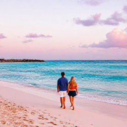 Caribbean Holidays, Bermuda Couples Holidays, Couple walking along a quiet pink-sand beach in Bermuda at golden hour, turquoise sea and pastel sky