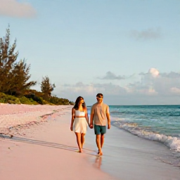 Caribbean Holidays, Bermuda Couples Holidays, Couple walking hand in hand along a quiet pink-sand beach in Bermuda at golden hour