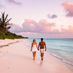 Caribbean Holidays, Bermuda Couples Holidays, Couple walking hand in hand along a quiet pink-sand beach in Bermuda at sunset
