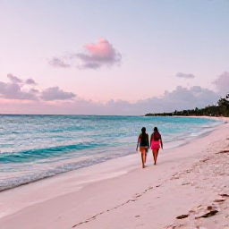 Caribbean Holidays, Bermuda Couples Holidays, Couple walking together along a quiet pink-sand beach in Bermuda at sunrise, clear turquoise water and pastel sky