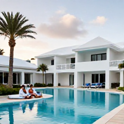 Caribbean Holidays, Bermuda Couples Holidays, Elegant couple relaxing beside a stylish Bermuda hotel pool with palm trees, white architecture and a peaceful afternoon atmosphere