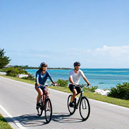 Caribbean Holidays, Bermuda Couples Holidays, Happy couple cycling together on a quiet Bermuda road beside the coast under bright February skies