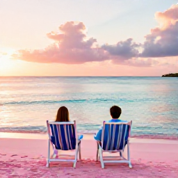 Caribbean Holidays, Bermuda Couples Holidays, Pink sand beach and calm turquoise water at sunset in Bermuda, two beach chairs for a couple