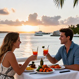 Caribbean Holidays, Bermuda Couples Holidays, Romantic Bermuda restaurant terrace at sunset with fresh seafood, cocktails and views across the harbour