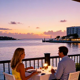Caribbean Holidays, Bermuda Couples Holidays, Romantic Bermuda waterfront restaurant at sunset with a couple dining outdoors and pastel skies over the harbour