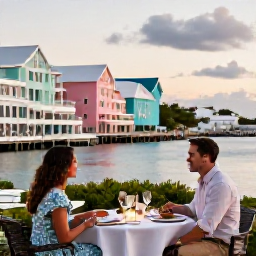Caribbean Holidays, Bermuda Couples Holidays, Romantic couple dining at an outdoor waterfront restaurant in Bermuda, pastel buildings, harbour views and soft evening light