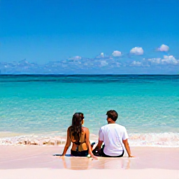 Caribbean Holidays, Bermuda Couples Holidays, Romantic couple relaxing on a pink-sand beach beside clear turquoise water in Bermuda