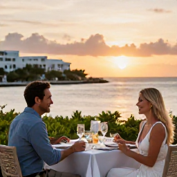 Caribbean Holidays, Bermuda Couples Holidays, Romantic outdoor dinner for two overlooking Bermuda harbour at sunset, elegant table and warm evening light