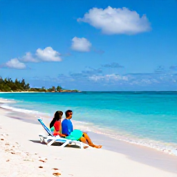 Caribbean Holidays, Bermuda Couples Holidays, Romantic pink-sand beach in Bermuda with turquoise water, sun loungers and a couple enjoying the shoreline