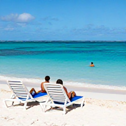 Caribbean Holidays, Bermuda Couples Holidays, Romantic pink-sand beach in Bermuda with two loungers, clear blue water and a couple enjoying a swim