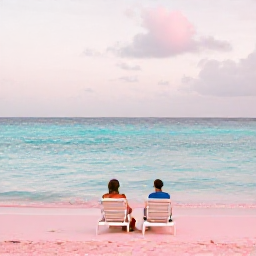 Caribbean Holidays, Bermuda Couples Holidays, Romantic pink-sand beach in Bermuda with two sun loungers, calm turquoise water and gentle winter light