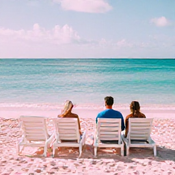 Caribbean Holidays, Bermuda Couples Holidays, Romantic pink sand beach in Bermuda with two sun loungers, turquoise water and soft winter sunshine