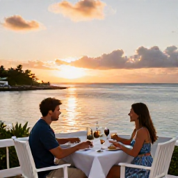 Caribbean Holidays, Bermuda Couples Holidays, Romantic waterfront restaurant in Bermuda at sunset with a couple dining outdoors beside the sea