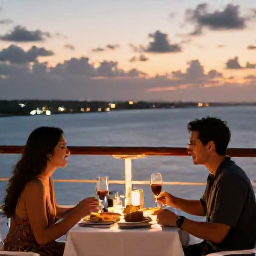 Caribbean Holidays, Bermuda Cruises, A couple enjoying an evening meal on a cruise ship balcony while Bermuda glows in the distance at sunset