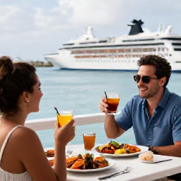 Caribbean Holidays, Bermuda Cruises, A couple enjoying Bermudian seafood and a rum-based drink at a waterfront restaurant overlooking a calm harbour