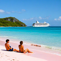 Caribbean Holidays, Bermuda Cruises, A couple relaxing on Bermuda&rsquo;s pink sands beside clear turquoise sea, with green hills and a blue sky