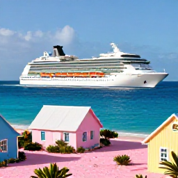Caribbean Holidays, Bermuda Cruises, A modern cruise ship sailing past Bermuda&rsquo;s turquoise water, pink-sand coastline and pastel cottages in bright morning light
