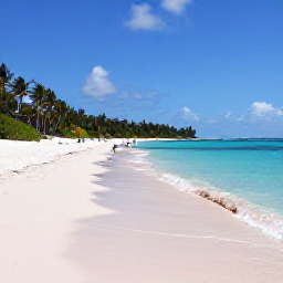 Caribbean Holidays, Bermuda Cruises, A quiet Bermuda beach with pale pink sand, clear blue water, snorkellers and palm trees under a bright sky