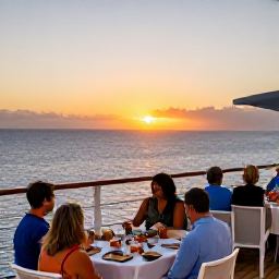 Caribbean Holidays, Bermuda Cruises, A welcoming cruise ship deck overlooking Bermuda at sunset, with travellers enjoying dinner and calm ocean views