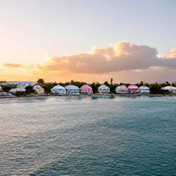 Caribbean Holidays, Bermuda Cruises, Bermuda coastline viewed from a cruise ship, with calm turquoise sea, pastel houses and a soft golden sunset