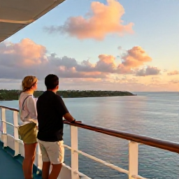 Caribbean Holidays, Bermuda Cruises December, A couple looking out over Bermuda from a cruise ship balcony at golden hour, with calm sea and pastel island scenery