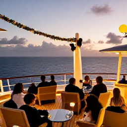 Caribbean Holidays, Bermuda Cruises December, Passengers enjoying a festive cruise ship deck with warm lighting, comfortable seating and ocean views at sunset