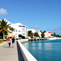 Caribbean Holidays, Bermuda Cruises December, Visitors walking along a sunny Bermuda waterfront near colourful buildings, palm trees and calm blue water in December