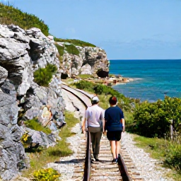 Caribbean Holidays, Bermuda Cruises February, A couple exploring Bermuda's coastal railway trail with rugged cliffs, green vegetation and bright blue ocean in the background