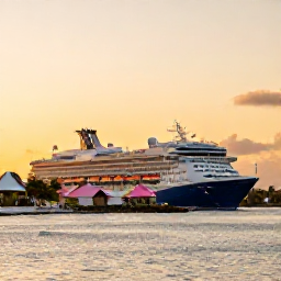 Caribbean Holidays, Bermuda Cruises February, A cruise ship departing Bermuda at sunset, with pastel island rooftops, calm water and a warm golden sky