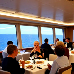 Caribbean Holidays, Bermuda Cruises February, A welcoming cruise ship dining room with guests enjoying dinner, elegant tables and large windows looking over the evening sea