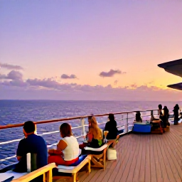 Caribbean Holidays, Bermuda Cruises January, A Bermuda cruise deck at sunset with passengers enjoying the ocean view and pastel evening sky