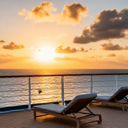 Caribbean Holidays, Bermuda Cruises July, A relaxed cruise ship deck at sunset near Bermuda, with comfortable loungers, calm ocean and warm golden light