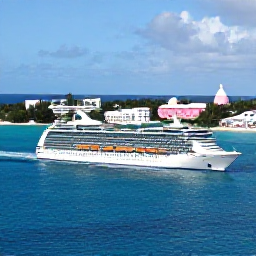 Caribbean Holidays, Bermuda Cruises June, A modern cruise ship approaching Bermuda's turquoise waters under a clear June sky, with pastel buildings and pink-sand coastline in the background