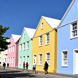 Caribbean Holidays, Bermuda Cruises June, Colourful pastel houses and historic buildings in St George's Bermuda, with visitors walking along a sunny cobbled street