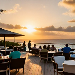 Caribbean Holidays, Bermuda Cruises June, Cruise passengers enjoying an open-air deck at sunset near Bermuda, with relaxed seating, gentle sea and warm evening light