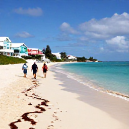 Caribbean Holidays, Bermuda Cruises March, Visitors walking along a quiet Bermuda beach with turquoise water, pastel houses and early spring sunshine