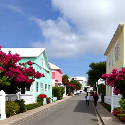 Caribbean Holidays, Bermuda Cruises May, Colourful Bermuda town street with pastel houses, flowering gardens and visitors exploring on foot