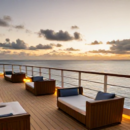Caribbean Holidays, Bermuda Cruises May, Elegant cruise ship deck at sunset overlooking Bermuda's calm ocean waters, with comfortable seating and warm lights