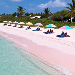 Caribbean Holidays, Bermuda Cruises May, Visitors relaxing on a pink-sand beach in Bermuda with clear water, pastel umbrellas and lush green vegetation