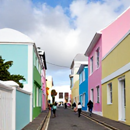 Caribbean Holidays, Bermuda Cruises November, Colourful pastel buildings and narrow lanes in historic St George's Bermuda with visitors exploring on foot