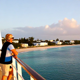 Caribbean Holidays, Bermuda Cruises October, Happy travellers viewing Bermuda's pastel coastline from a cruise ship balcony in golden evening light