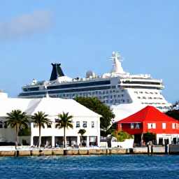 Caribbean Holidays, Bermuda Cruises, Visitors exploring the historic Royal Naval Dockyard in Bermuda, with colourful buildings, palm trees and a cruise ship in the harbour