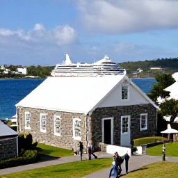 Caribbean Holidays, Bermuda Cruises, Visitors exploring the historic Royal Naval Dockyard in Bermuda, with stone buildings, harbour views and a cruise ship in the background