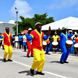 Caribbean Holidays, Bermuda Culture Holidays, Bermudian musicians performing Gombey dancing in bright traditional costumes on a sunny street, with drums and an appreciative crowd