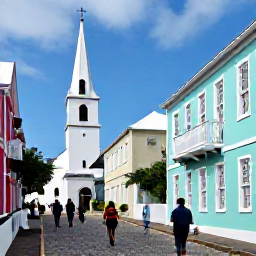 Caribbean Holidays, Bermuda Culture Holidays, Historic cobbled street in St George&rsquo;s, Bermuda, lined with pastel colonial buildings, a white church and visitors taking a gentle walking tour