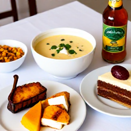 Caribbean Holidays, Bermuda Culture Holidays, Traditional Bermuda fish chowder, codfish breakfast ingredients and local rum cake arranged on a restaurant table