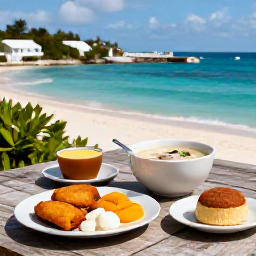 Caribbean Holidays, Bermuda Culture Holidays, Traditional Bermudian fish chowder, codfish breakfast and freshly baked island treats arranged on a rustic table beside a sunny harbour