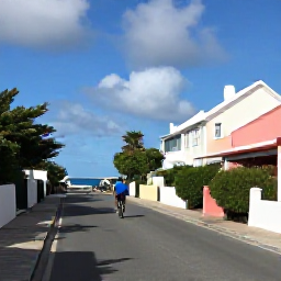 Caribbean Holidays, Bermuda Culture Holidays, Visitors cycling along a quiet Bermuda road past pastel houses, lush gardens and ocean views, showing relaxed island life