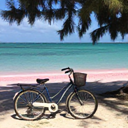 Caribbean Holidays, Bermuda Cycling Holidays, A bicycle parked near a pink-sand beach in Bermuda, with clear turquoise water, shaded trees and a sunny coastal setting