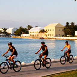 Caribbean Holidays, Bermuda Cycling Holidays, A couple cycling beside Bermuda&rsquo;s coastline at golden hour, with calm blue water, pastel buildings and roadside palms
